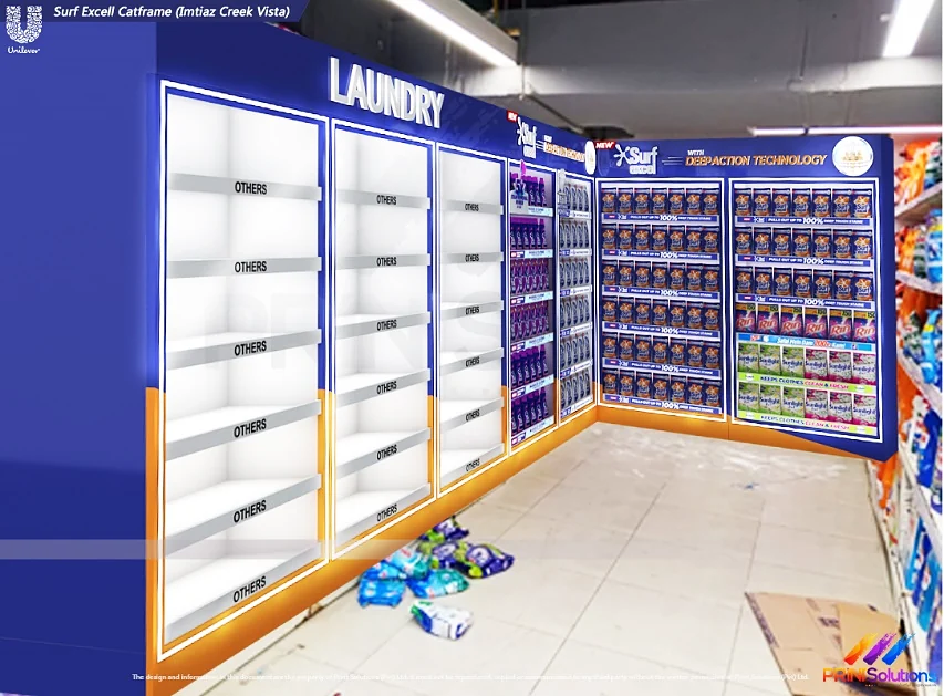 The illuminated laundry bay photographed empty, showing its shelf structure