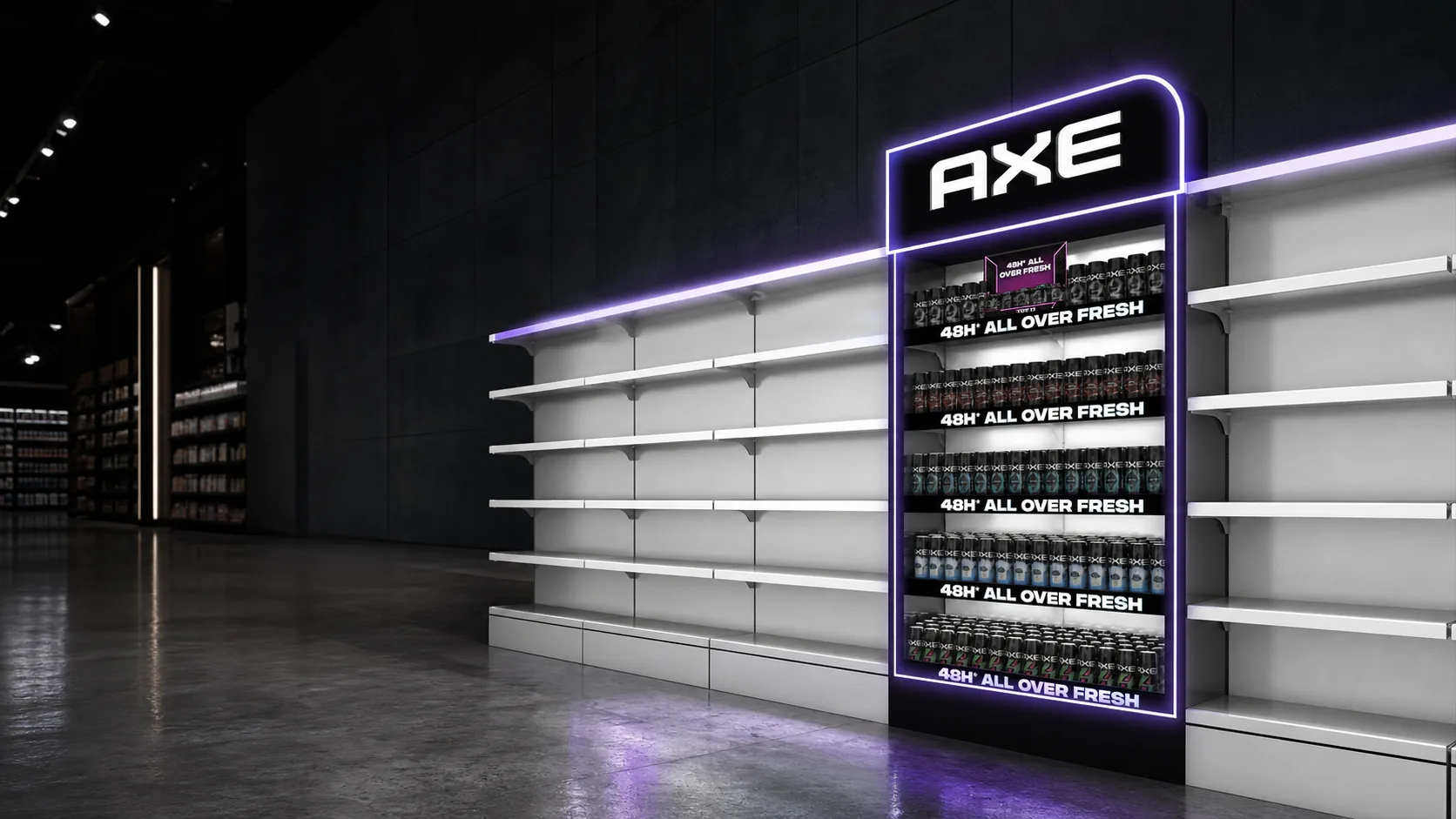 Illuminated Axe category bay designed and produced by PRINTSolutions