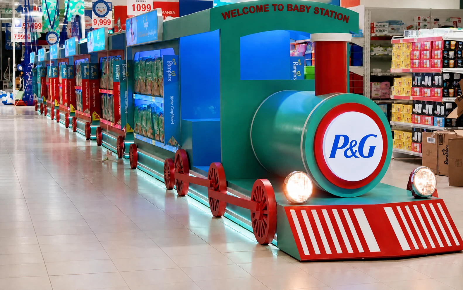 P&G-branded Pampers Baby Station train installation inside a store